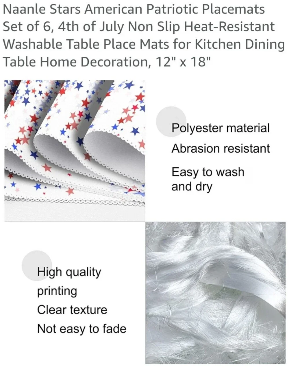 Naanle Patriotic Placemats Set of 6, 4th July Non Slip Heat-Resistant, Washable
